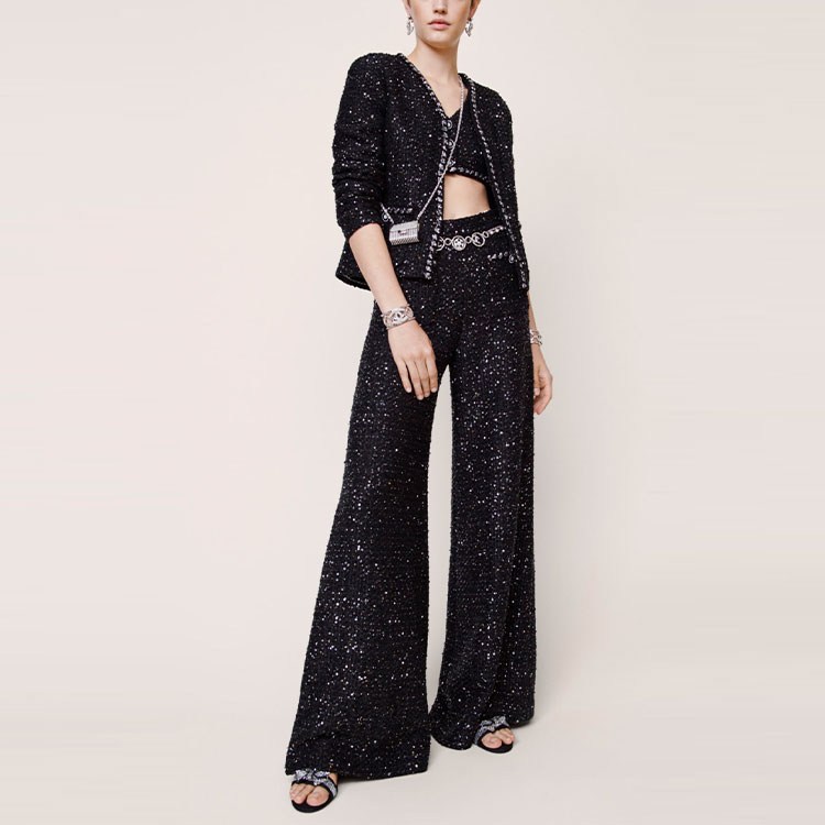 Shop (W) CHANEL SS22 Jaket Lengan Panjang Tweed Hitam Berkilau Musim Semi Awal P72409-V63795-NG797