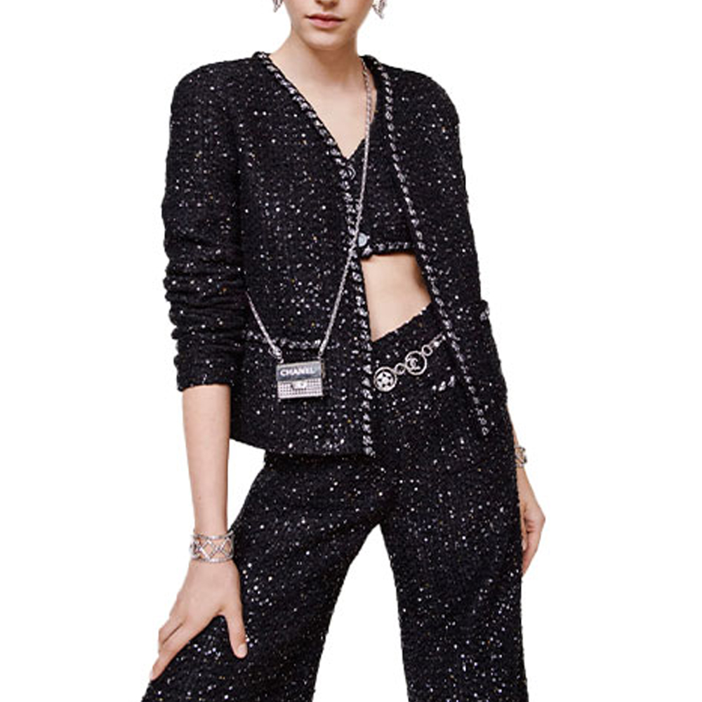 Details for (W) CHANEL SS22 Jaket Lengan Panjang Tweed Hitam Berkilau Musim Semi Awal P72409-V63795-NG797