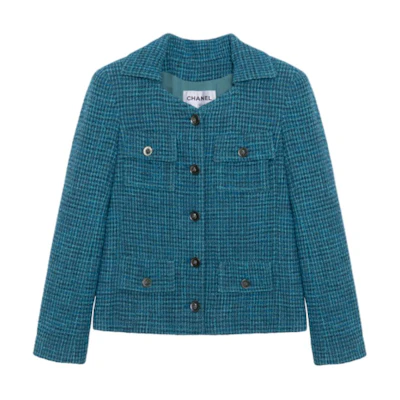 (Women) Chanel SS22 Tweed Jacket in Turquois Blue No-Hood Design P72399-V63980-MH895