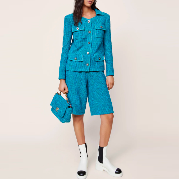 Shop (W) 香奈兒SS22無帽設計藍綠色粗花呢外套 P72399-V63980-MH895