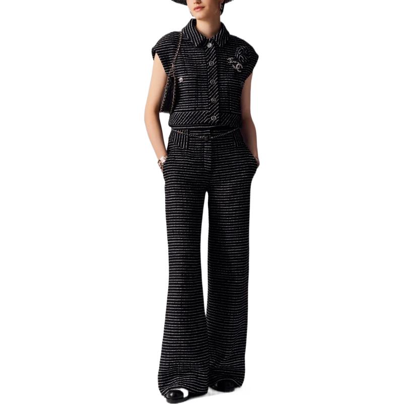 Shop (W) CHANEL SS23 Rompi Hitam Tweed Katun Kancing Depan. P74408-V65951-NM465