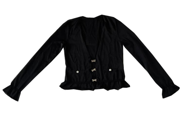 (Women) CHANEL SS23  Black Knit Top with Bow, Ruffles, and Rhinestone Buttons. P75053-K10740-94305