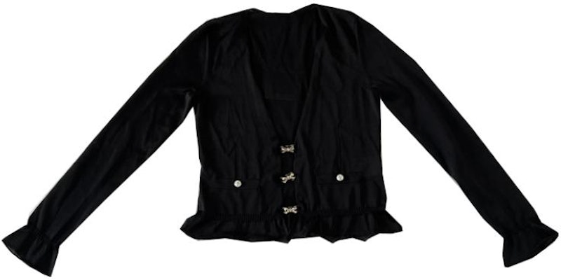 (Women) CHANEL SS23 Black Knit Top with Bow, Ruffles, and Rhinestone Buttons. P75053-K10740-94305 Buy (Women) CHANEL SS23 Black Knit Top with Bow, Ruffles, and Rhinestone Buttons. P75053-K10740-94305