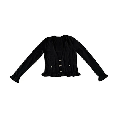 (Women) CHANEL SS23 Black Knit Top with Bow, Ruffles, and Rhinestone Buttons. P75053-K10740-94305