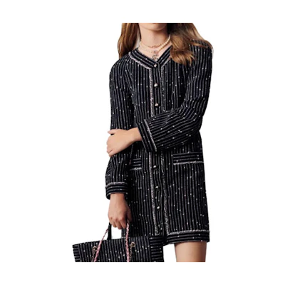 (Women) CHANEL SS23 Black Long Sleeve Single-Breasted Tweed Coat. P74415-V65919-NM434