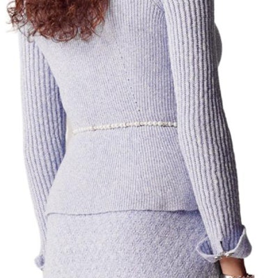 (Women) CHANEL SS23 Light Blue Slim Fit Linen Blend Knit Top. P74623-K10706-NM991 Details for (Women) CHANEL SS23 Light Blue Slim Fit Linen Blend Knit Top. P74623-K10706-NM991