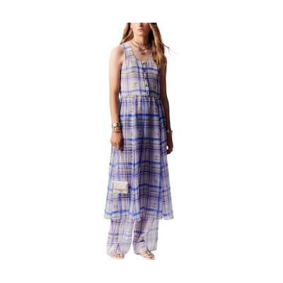 (Women) CHANEL SS23 Long Silk Sheer Logo Print Sleeveless Dress Multicolor P74457-V65979-NM474