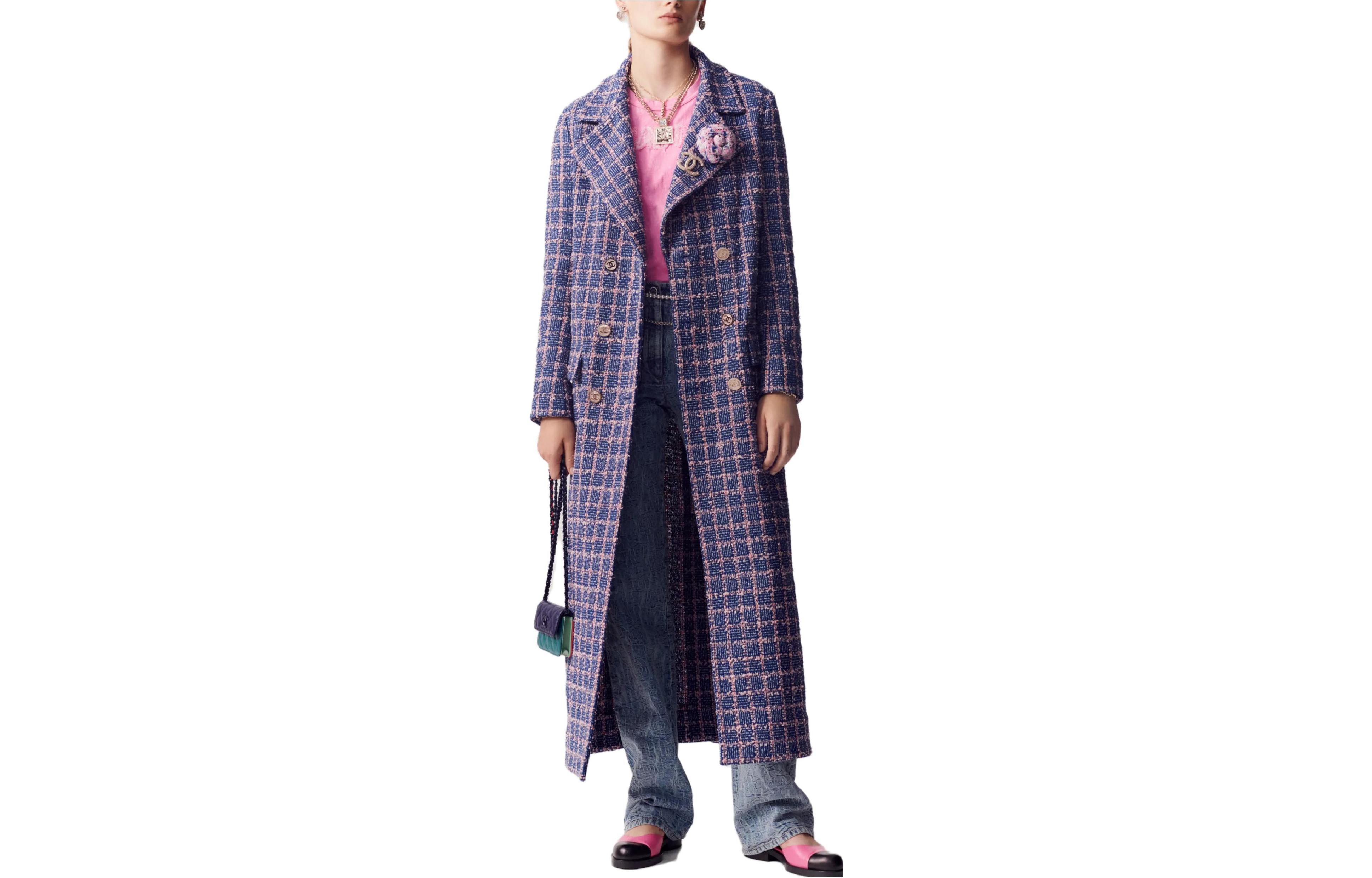 (Women) CHANEL SS23  Navy Blue Tweed Double-Breasted Long Coat P74443-V66111-ME566