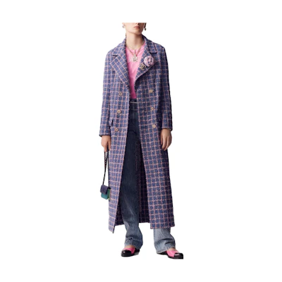 (Women) CHANEL SS23 Navy Blue Tweed Double-Breasted Long Coat P74443-V66111-ME566