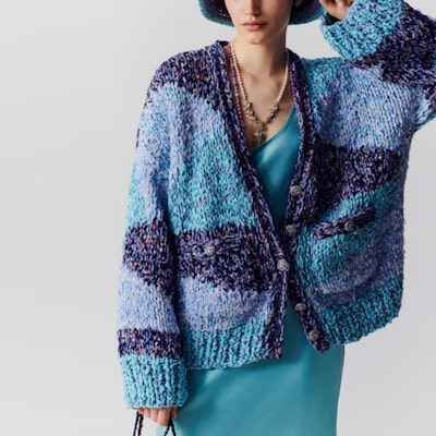 (W) 샤넬 SS23 스트라이프 컬러블록 스팽글 니트 가디건 멀티컬러. P74708-K10721-NN082 Lookbook (W) 샤넬 SS23 스트라이프 컬러블록 스팽글 니트 가디건 멀티컬러. P74708-K10721-NN082