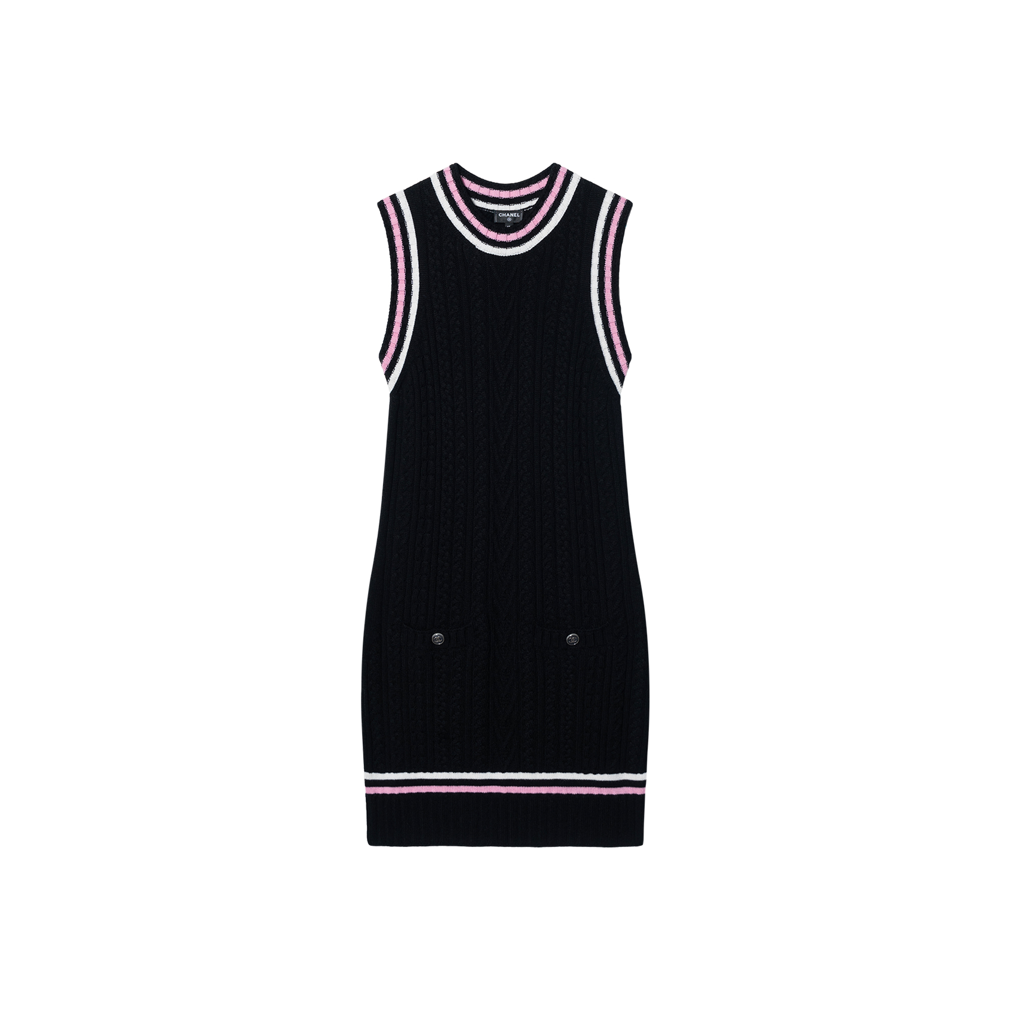 (Women) CHANEL SS23 Black Sleeveless Knit Dress with Logo Buttons and Pocket Design Women P74554-K10682-NN089