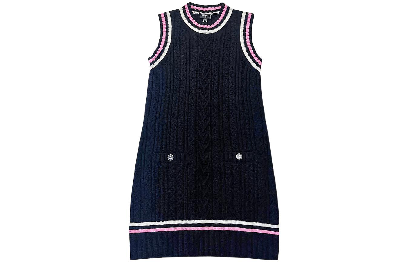 Order (W) 香奈儿 SS23 黑色无袖针织连衣裙 带标志纽扣和口袋设计 女士 P74554-K10682-NN089