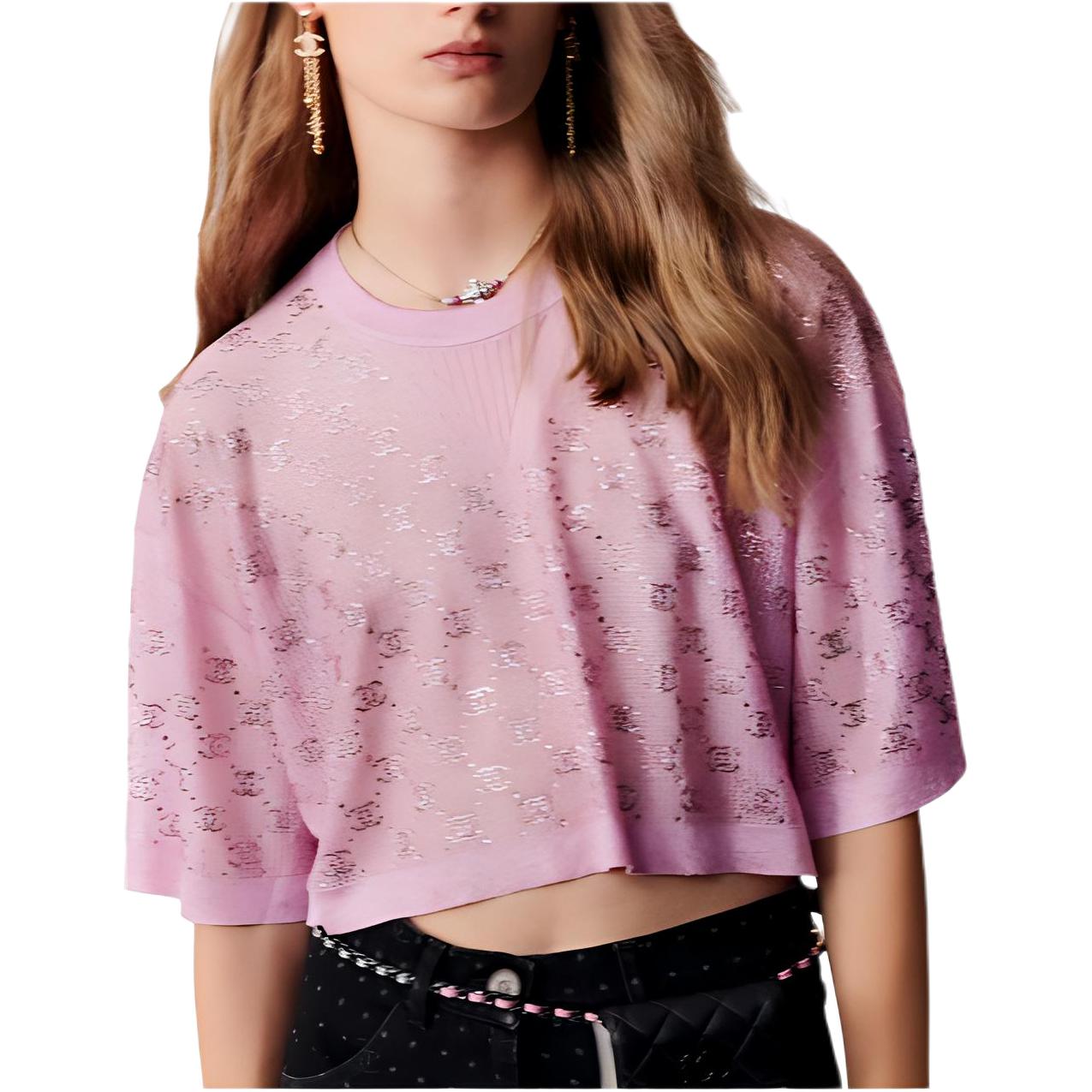 (Women) CHANEL SS23 Pink Round Neck T-Shirt with Rhinestone Accents for Women. P74586-K10690-NN084
