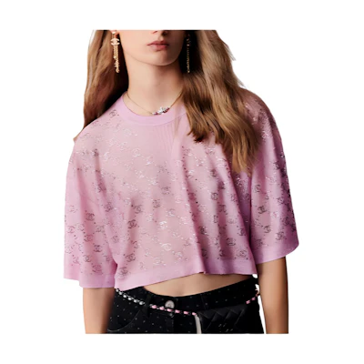 (Women) CHANEL SS23 Pink Round Neck T-Shirt with Rhinestone Accents for Women. P74586-K10690-NN084