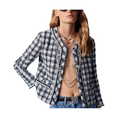 (Women) CHANEL SS23 Tweed Checkered Single-Breasted Jacket Black White. P74461-V66061-NM467