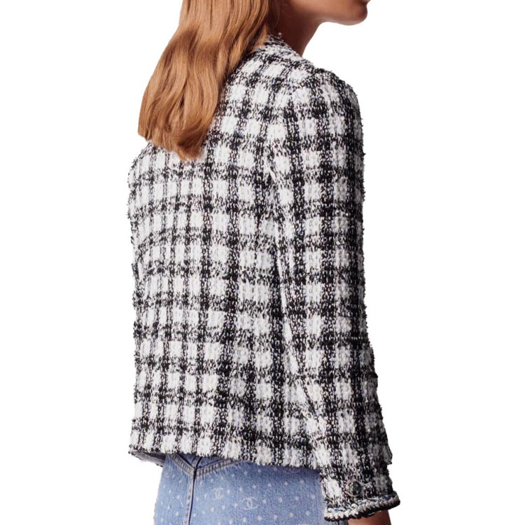 Shop (W) シャネル SS23 ツイード チェック柄 シングルブレスト ジャケット ブラック ホワイト P74461-V66061-NM467