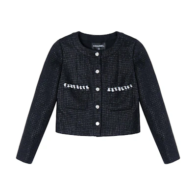 (Women) CHANEL SS24 Black Plaid Long-Sleeve Jacket with Striped Trim. P76730-V61458-94305