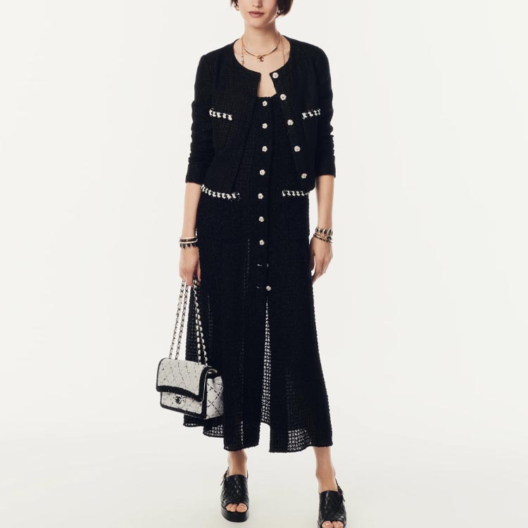 Shop (W) CHANEL SS24 Jaket Hitam Plaid Lengan Panjang dengan Trim Garis. P76730-V61458-94305