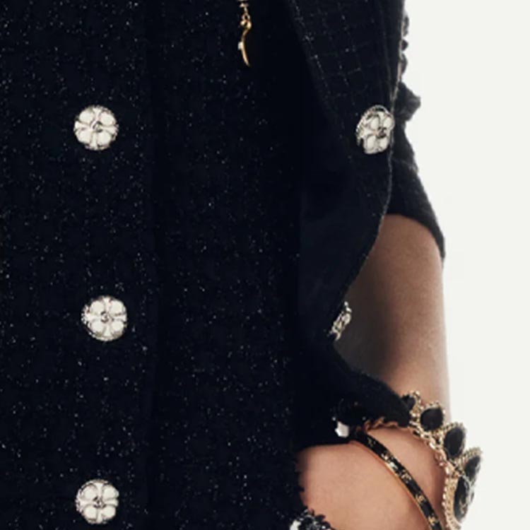 Sizing (W) CHANEL SS24 Jaket Hitam Plaid Lengan Panjang dengan Trim Garis. P76730-V61458-94305