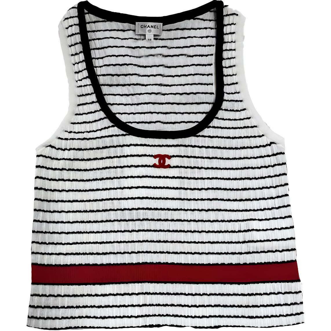 (Women) CHANEL SS24  Logo Embroidered Striped Sleeveless Knit Top P76858-K11060-NV309