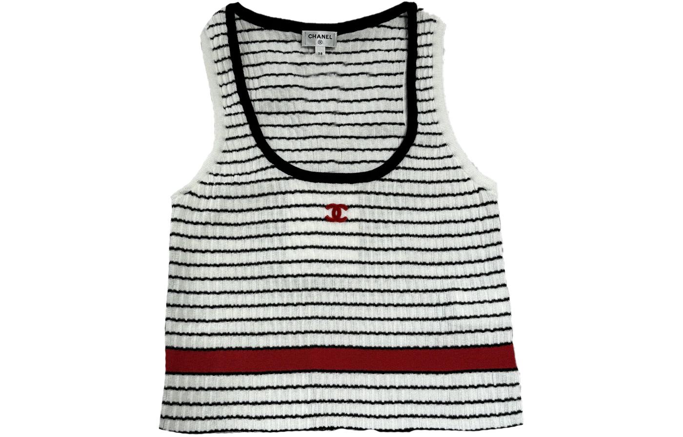 Order (W) CHANEL SS24 ロゴ刺繍ストライプノースリーブニットトップ P76858-K11060-NV309