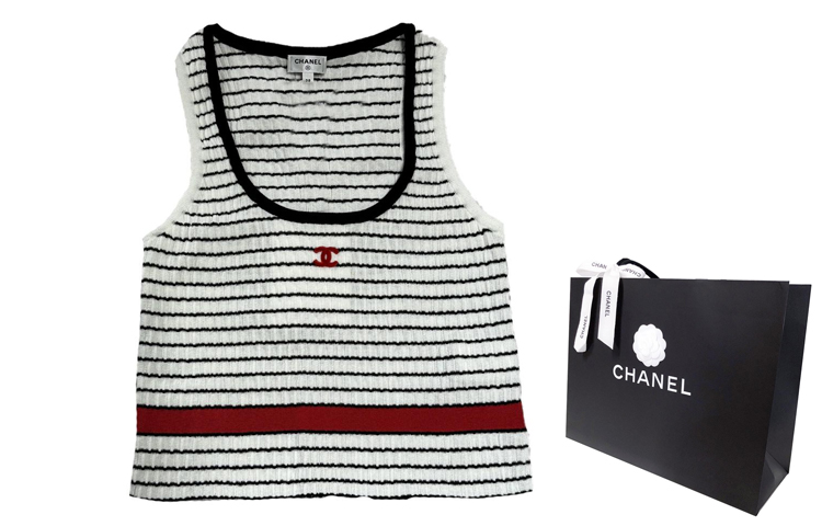 Shop (W) CHANEL SS24 ロゴ刺繍ストライプノースリーブニットトップ P76858-K11060-NV309