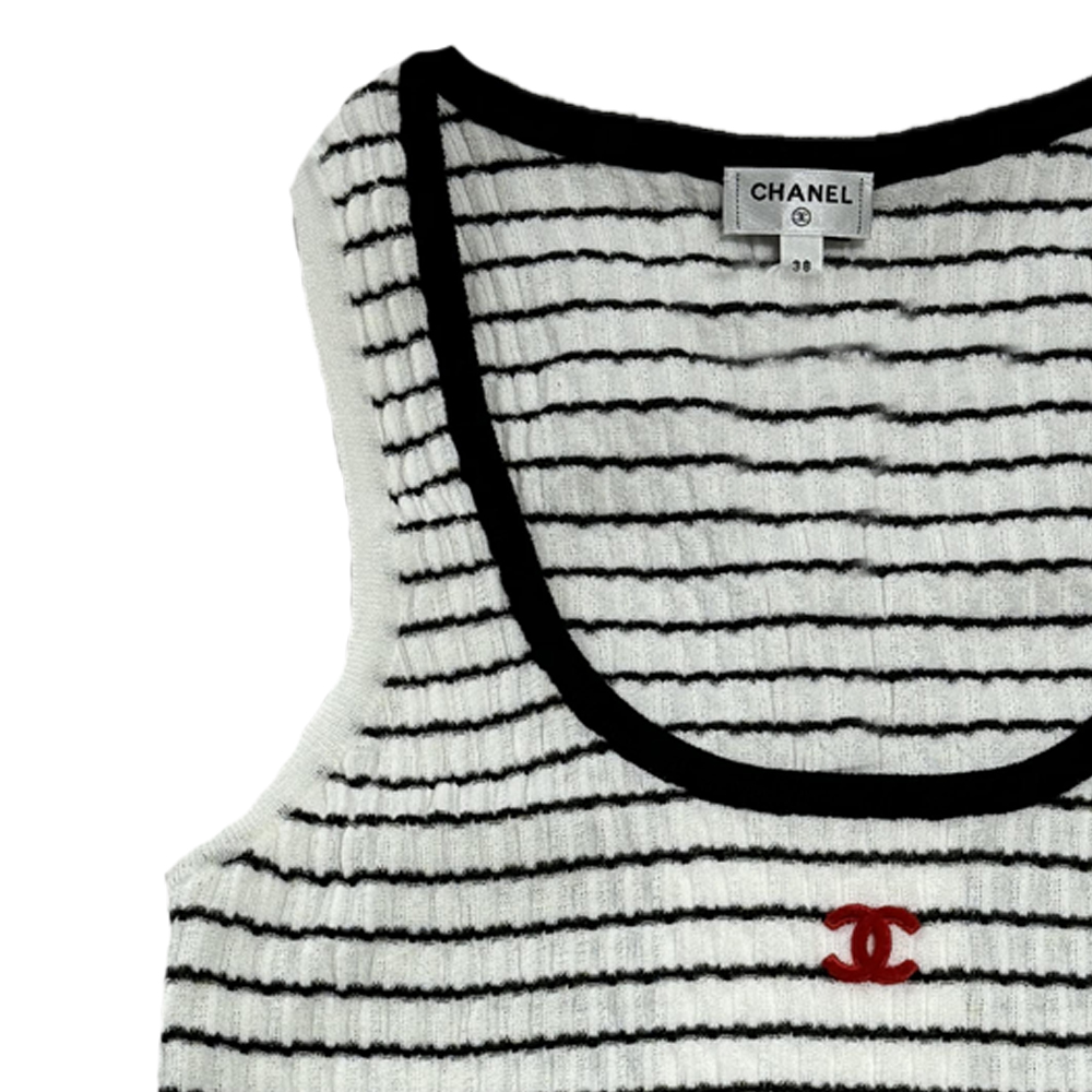 Details for (W) CHANEL SS24 ロゴ刺繍ストライプノースリーブニットトップ P76858-K11060-NV309
