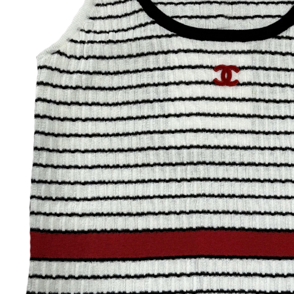 Sizing (W) CHANEL SS24 ロゴ刺繍ストライプノースリーブニットトップ P76858-K11060-NV309