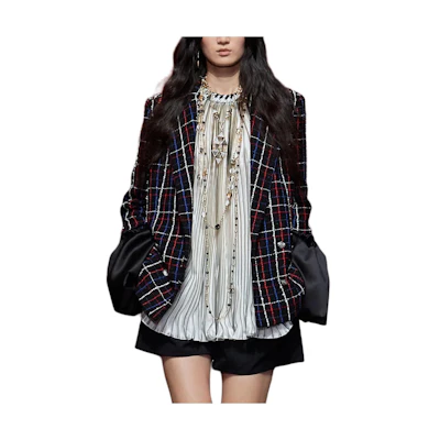 (Women) CHANEL SS24 Multicolor Plaid Collared Long-Sleeve Jacket. P77209-V68829-NW498