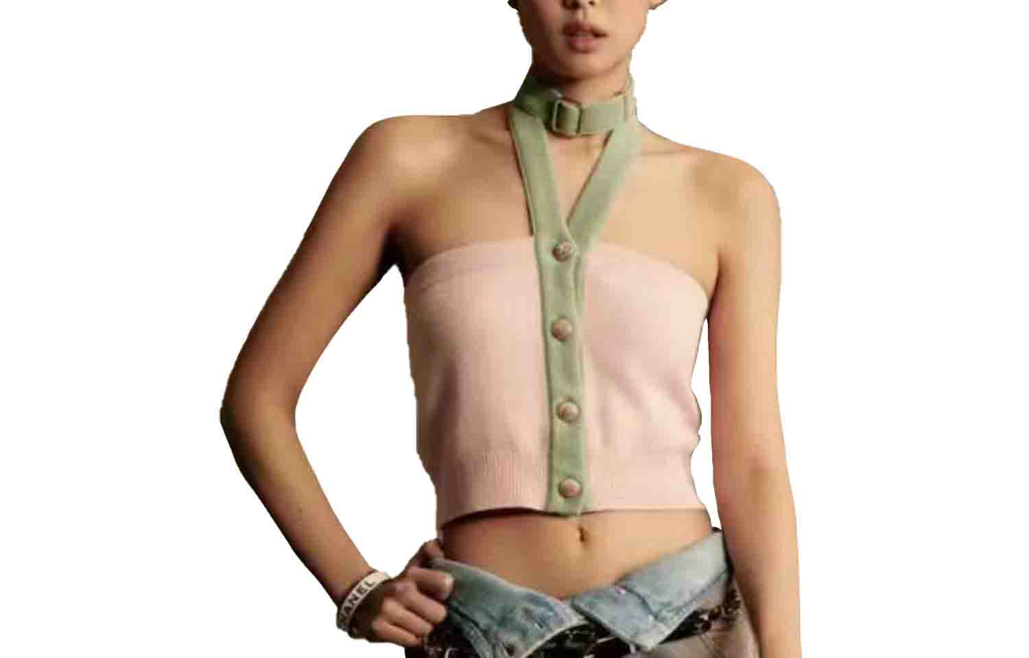 Order (W) シャネル SS24 ピンク ノースリーブ ニットトップ ボタンディテール付き. P76461-K10983-NU526