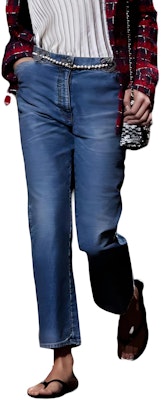 (Women) CHANEL SS24 Washed Blue Chain Embellished Mid-Waist Jeans. P76791-V69116-NX158 Buy (Women) CHANEL SS24 Washed Blue Chain Embellished Mid-Waist Jeans. P76791-V69116-NX158