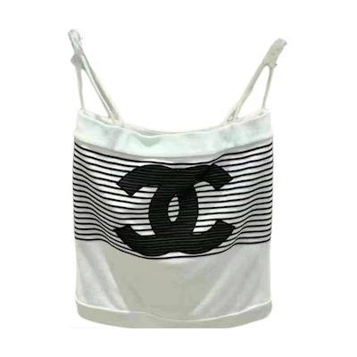 (Women) CHANEL SS24 White Logo Striped Square Neck Tank Top. P76785-V65699-00100