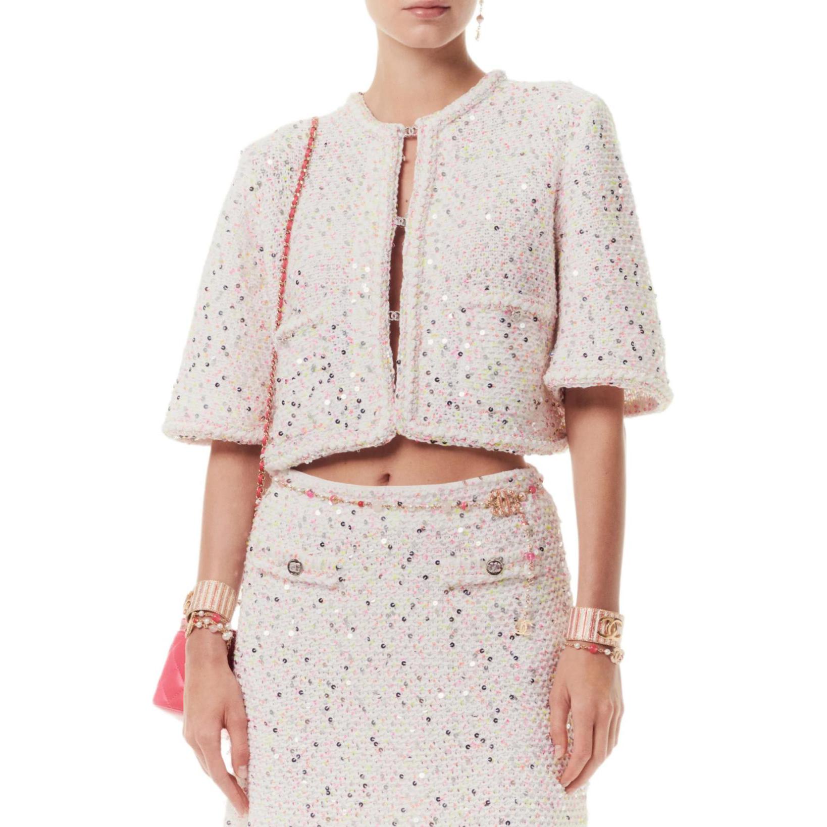 (Women) CHANEL SS24  White Sequin Short Buttoned Jacket with Half Sleeves. P76994-K11081-NV215