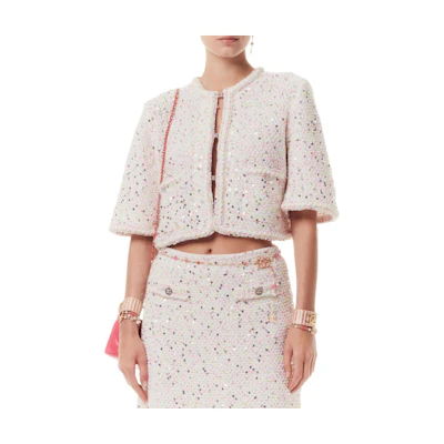 (Women) CHANEL SS24 White Sequin Short Buttoned Jacket with Half Sleeves. P76994-K11081-NV215