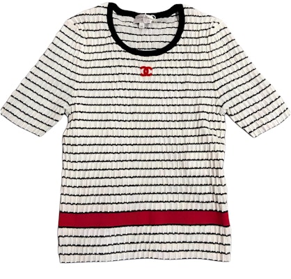 (Women) CHANEL SS24 White Striped Logo Embroidered Knit Short-Sleeve Top. P76857-K11060-NV309 Buy (Women) CHANEL SS24 White Striped Logo Embroidered Knit Short-Sleeve Top. P76857-K11060-NV309