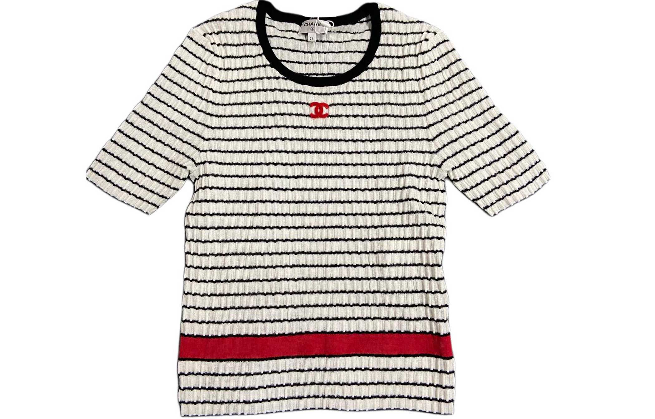 Order (W) シャネル SS24 ホワイト ストライプロゴ刺繍ニット半袖トップス P76857-K11060-NV309