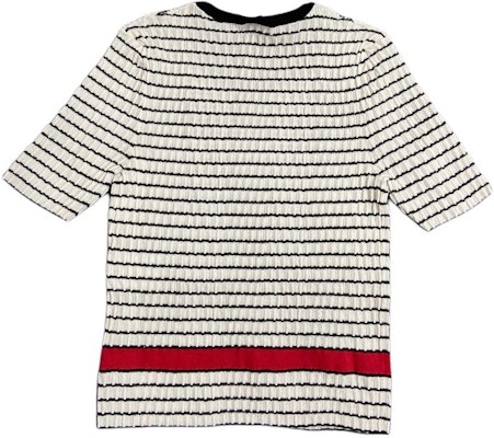 (Women) CHANEL SS24 White Striped Logo Embroidered Knit Short-Sleeve Top. P76857-K11060-NV309 Lookbook (Women) CHANEL SS24 White Striped Logo Embroidered Knit Short-Sleeve Top. P76857-K11060-NV309