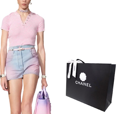 (Women) CHANEL SS24 Gradient Mid-Rise Straight-Cut Denim Shorts for Women. P76403-V68290-NT299 Lookbook (Women) CHANEL SS24 Gradient Mid-Rise Straight-Cut Denim Shorts for Women. P76403-V68290-NT299