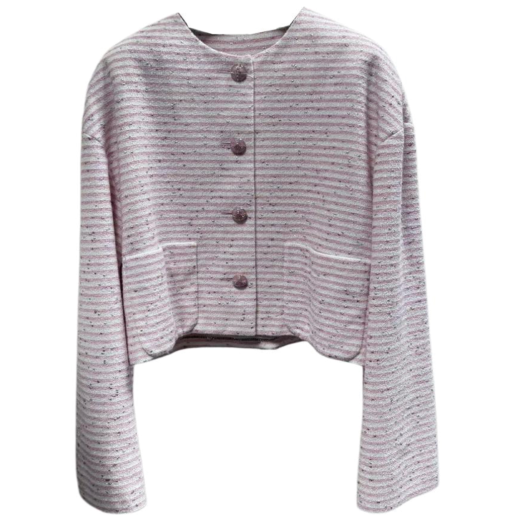 (Women) CHANEL SS24 Striped Single-Breasted Round Neck Long Sleeve Pink Jacket Women P76335-V68174-NT048