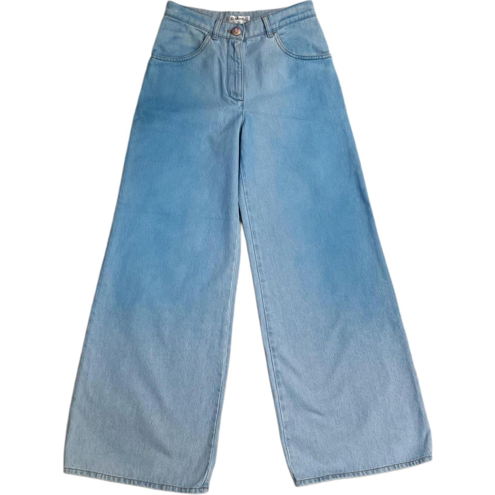 (Women) CHANEL SS24 Tie-Dye High-Waist Loose Wide-Leg Jeans Women Washed Blue. P76361-V68290-NT300