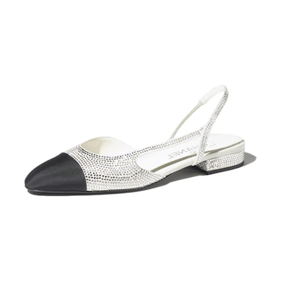 (W) Chanel Strass 20mm Slingbacks Silver Black Grosgrain