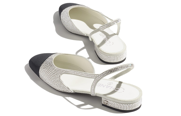 Shop (W) Chanel Strass 20mm Slingbacks Silber Schwarz Grosgrain G31319-Y56637-K5973