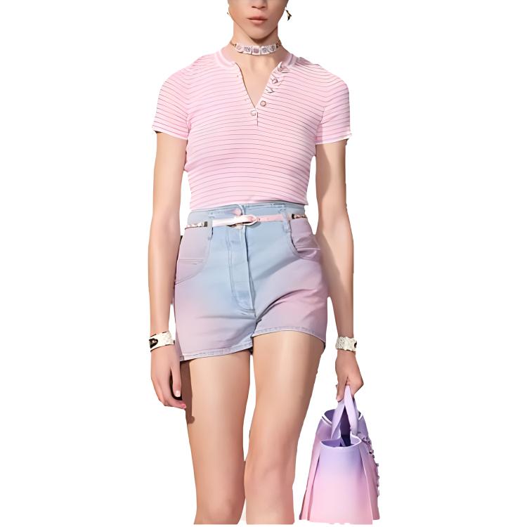 (Women) CHANEL Striped Button Pullover Short Sleeve Pink T-Shirt Women SS24 Collection. P76521-K10998-NT454