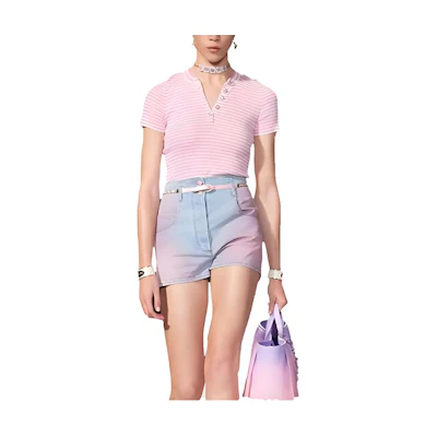 (Women) CHANEL Striped Button Pullover Short Sleeve Pink T-Shirt Women SS24 Collection. P76521-K10998-NT454