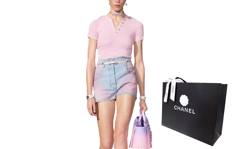 Lookbook (W) シャネル ストライプ ボタン 半袖 ピンク Tシャツ レディース SS24 コレクション. P76521-K10998-NT454