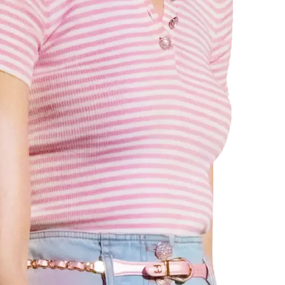 Details for (W) シャネル ストライプ ボタン 半袖 ピンク Tシャツ レディース SS24 コレクション. P76521-K10998-NT454