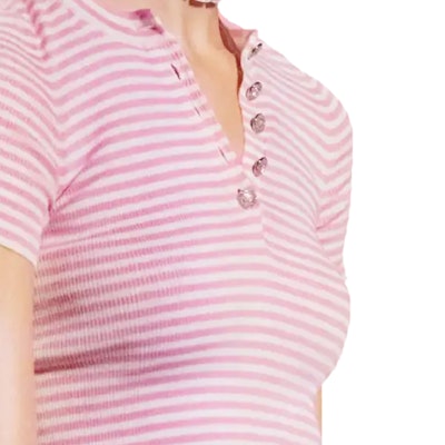 (Women) CHANEL Striped Button Pullover Short Sleeve Pink T-Shirt Women SS24 Collection. P76521-K10998-NT454 Sizing (Women) CHANEL Striped Button Pullover Short Sleeve Pink T-Shirt Women SS24 Collection. P76521-K10998-NT454