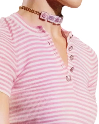 (Women) CHANEL Striped Button Pullover Short Sleeve Pink T-Shirt Women SS24 Collection. P76521-K10998-NT454 Cheap (Women) CHANEL Striped Button Pullover Short Sleeve Pink T-Shirt Women SS24 Collection. P76521-K10998-NT454