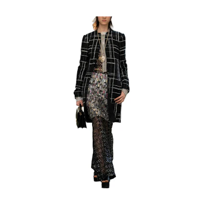 (Women) CHANEL Striped Round-Neck Long-Sleeve Coat Black - Spring Summer 2023. P75160-V66696-M9999