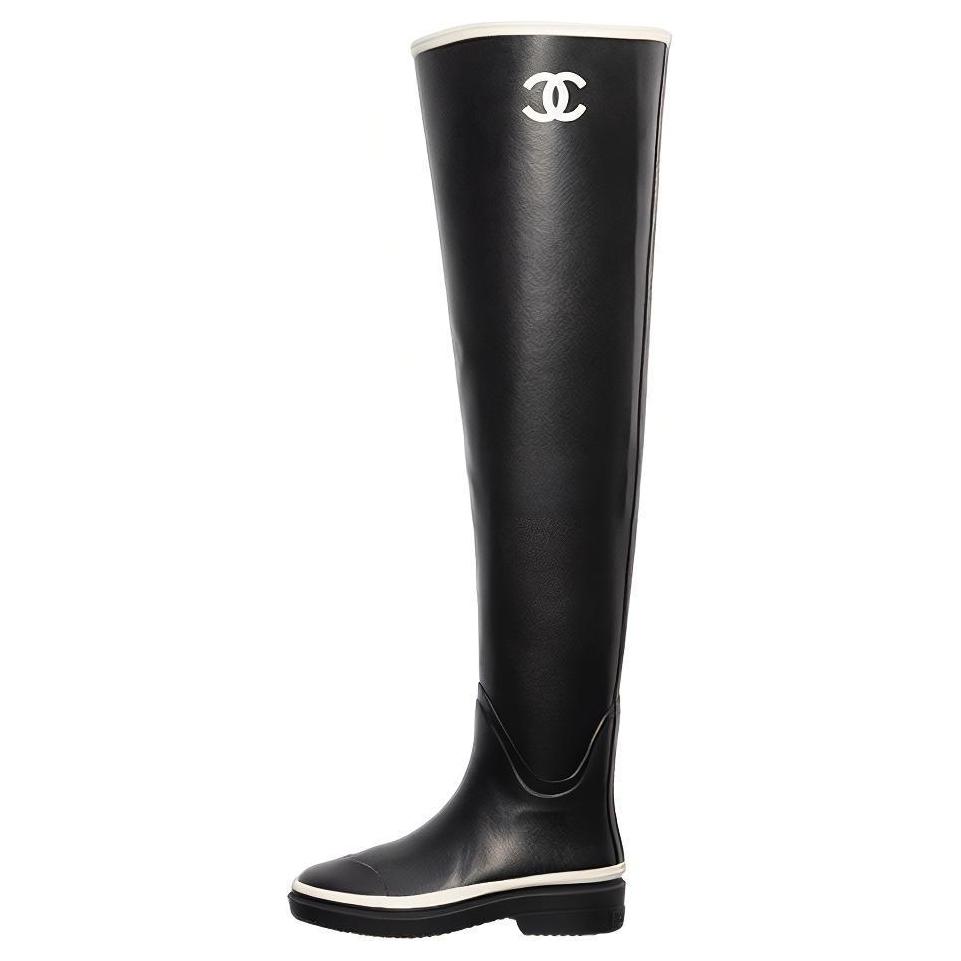 (Women) Chanel Thigh High Rubber Rain Boots Black G39625-X56326-K5255